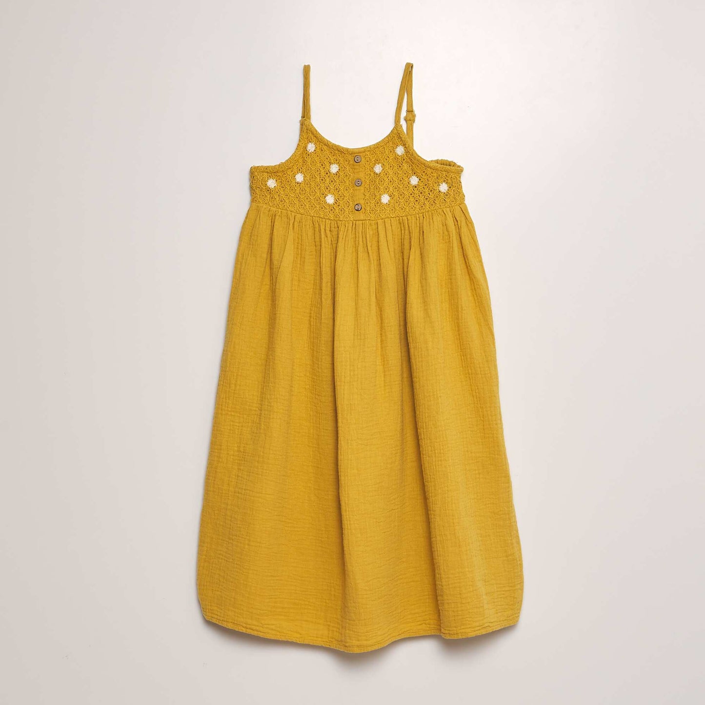 Long cotton gauze and crochet dress YELLOW