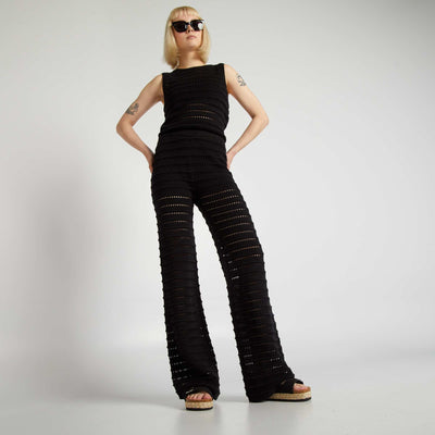 بنطلون مخرم منسوج قماش واسع الساقين بخصر مطاطي أسود