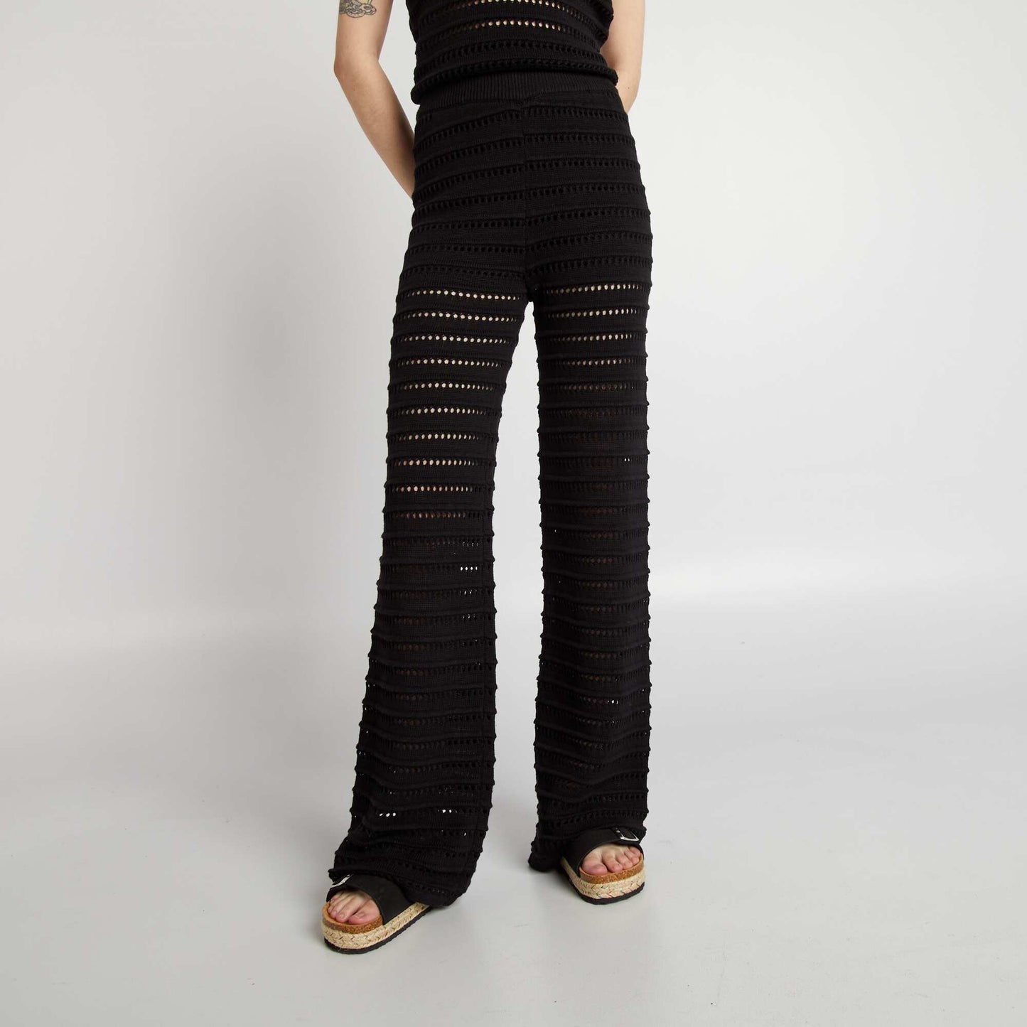 Openwork knit fabric wide-leg trousers with elasticated waist black