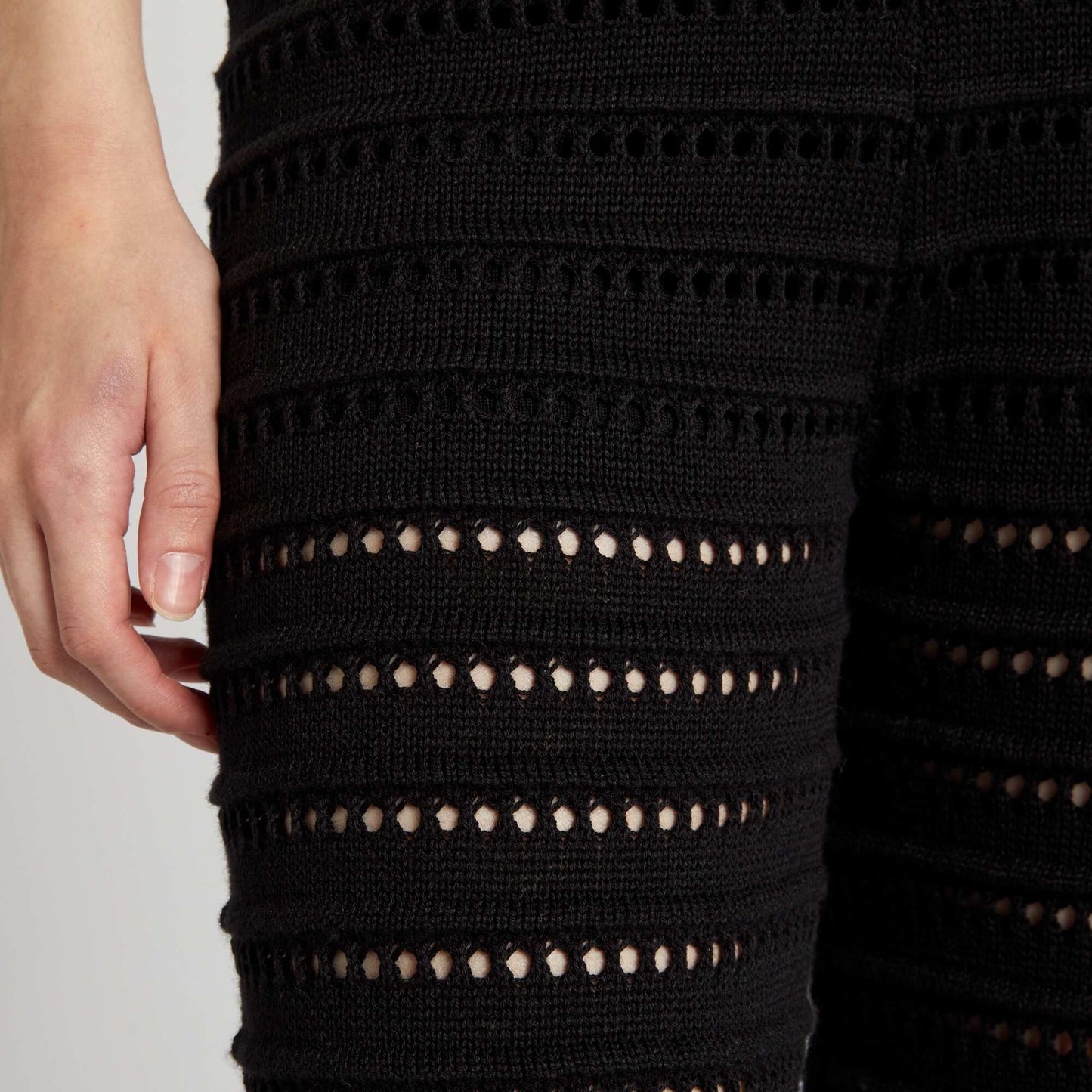 Openwork knit fabric wide-leg trousers with elasticated waist black