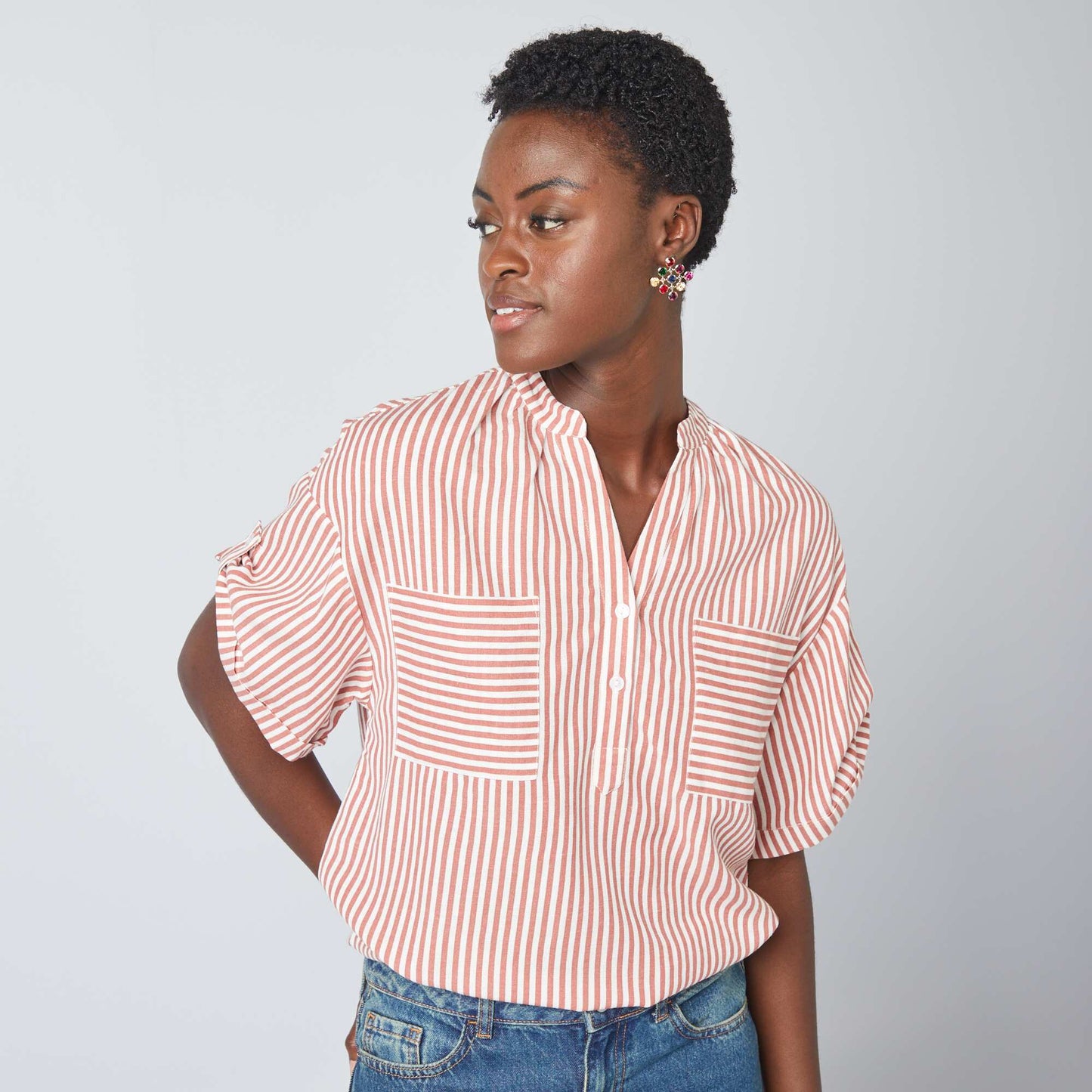 Striped linen-blend blouse BEIGE