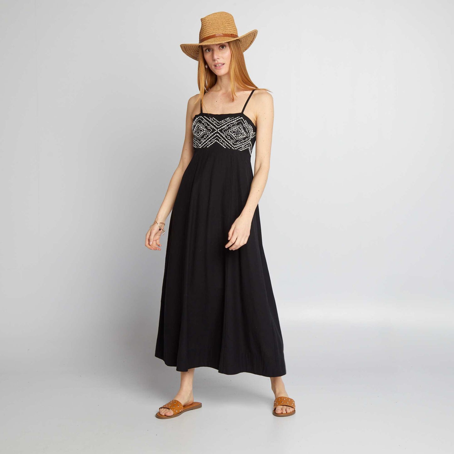 Linen-blend dress with embroidery BLACK