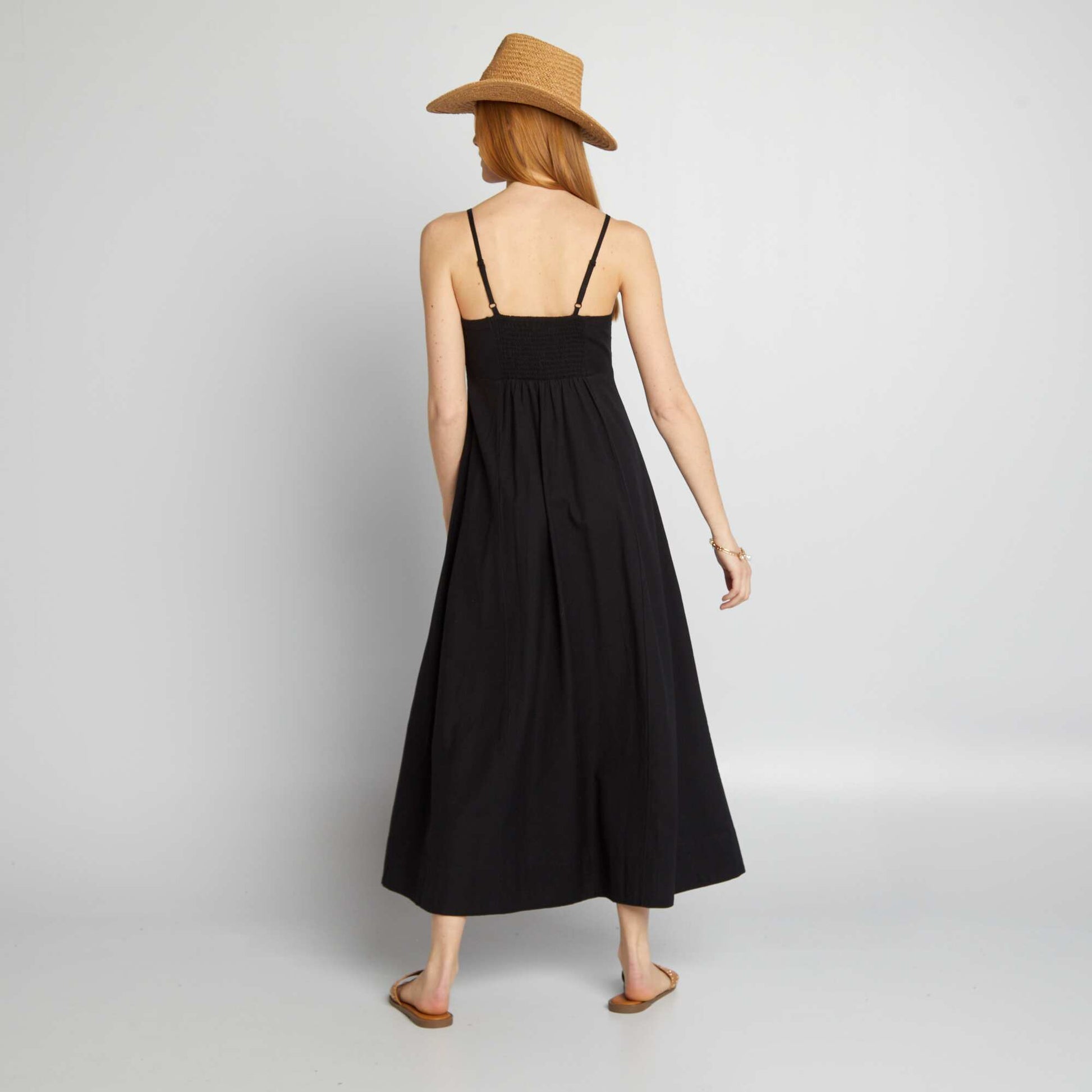 Linen-blend dress with embroidery BLACK