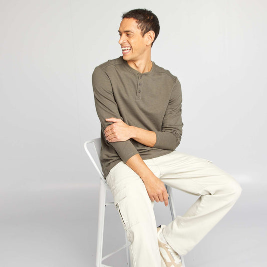 Henley collar T-shirt KHAKI