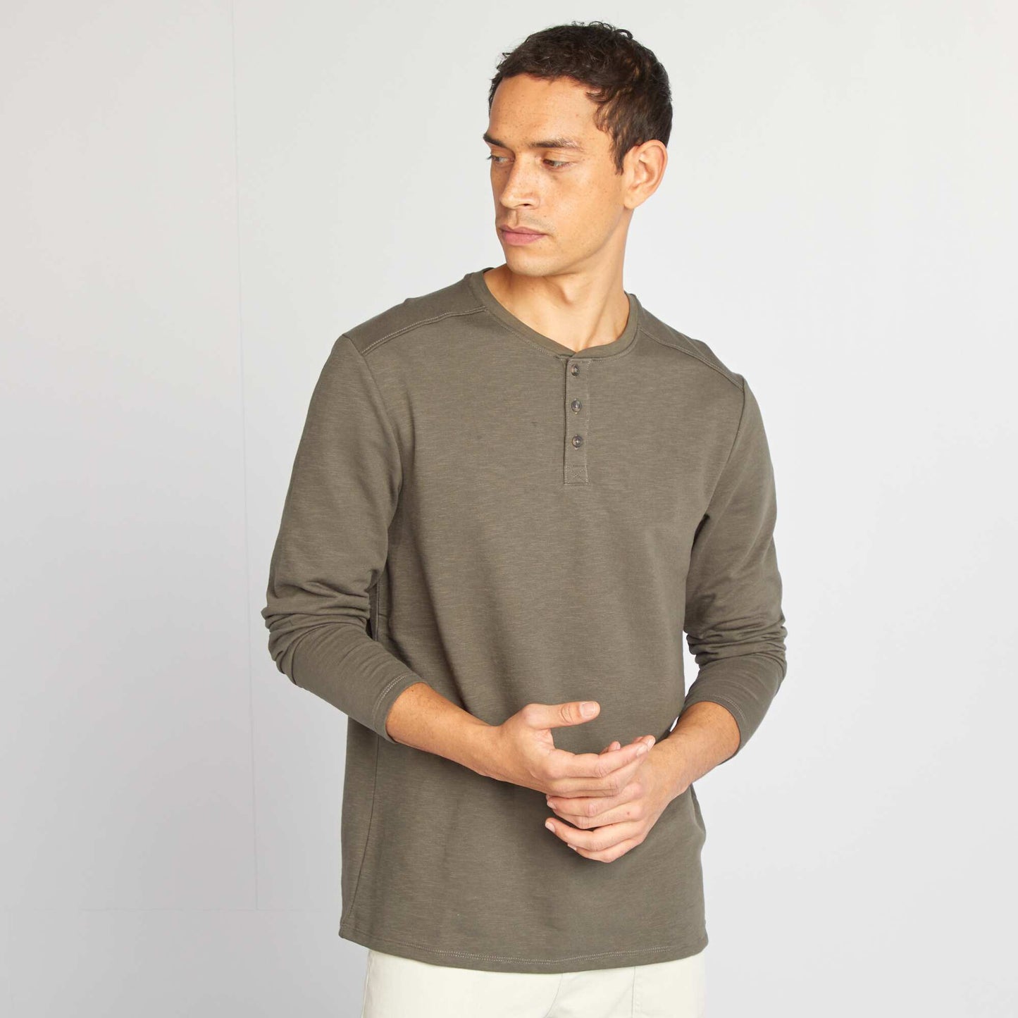 Henley collar T-shirt KHAKI