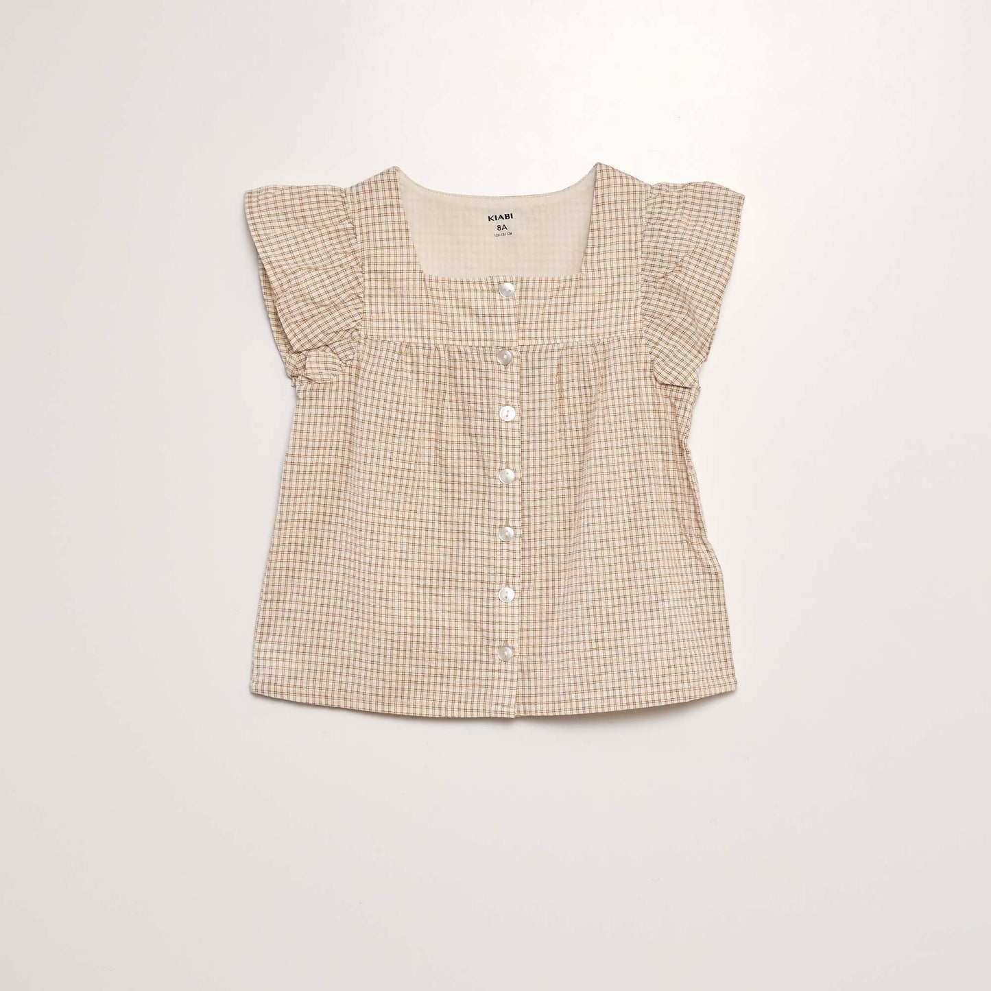 Waffle-knit ruffled blouse BEIGE