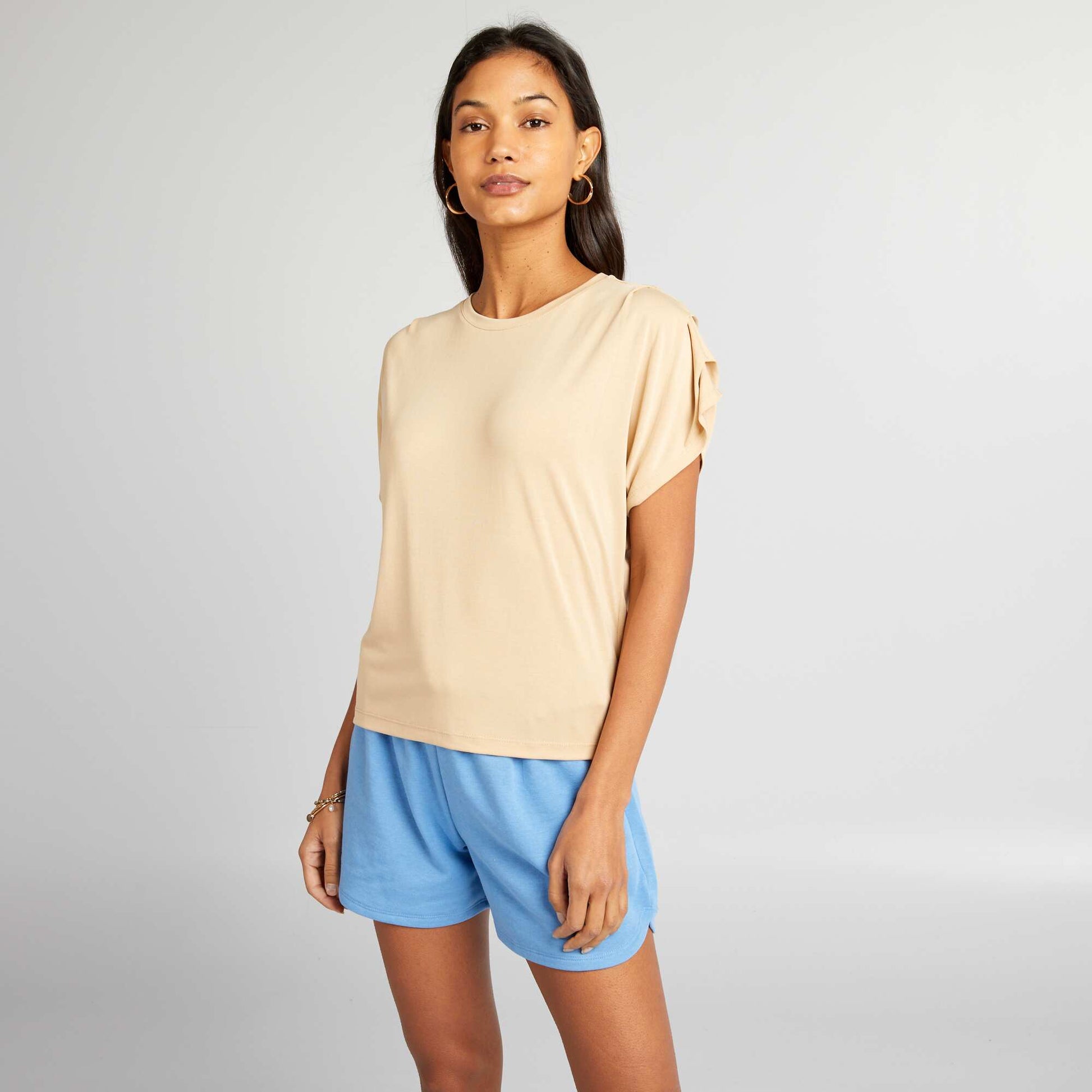 تي شيرت بأكمام مطوية BEIGE