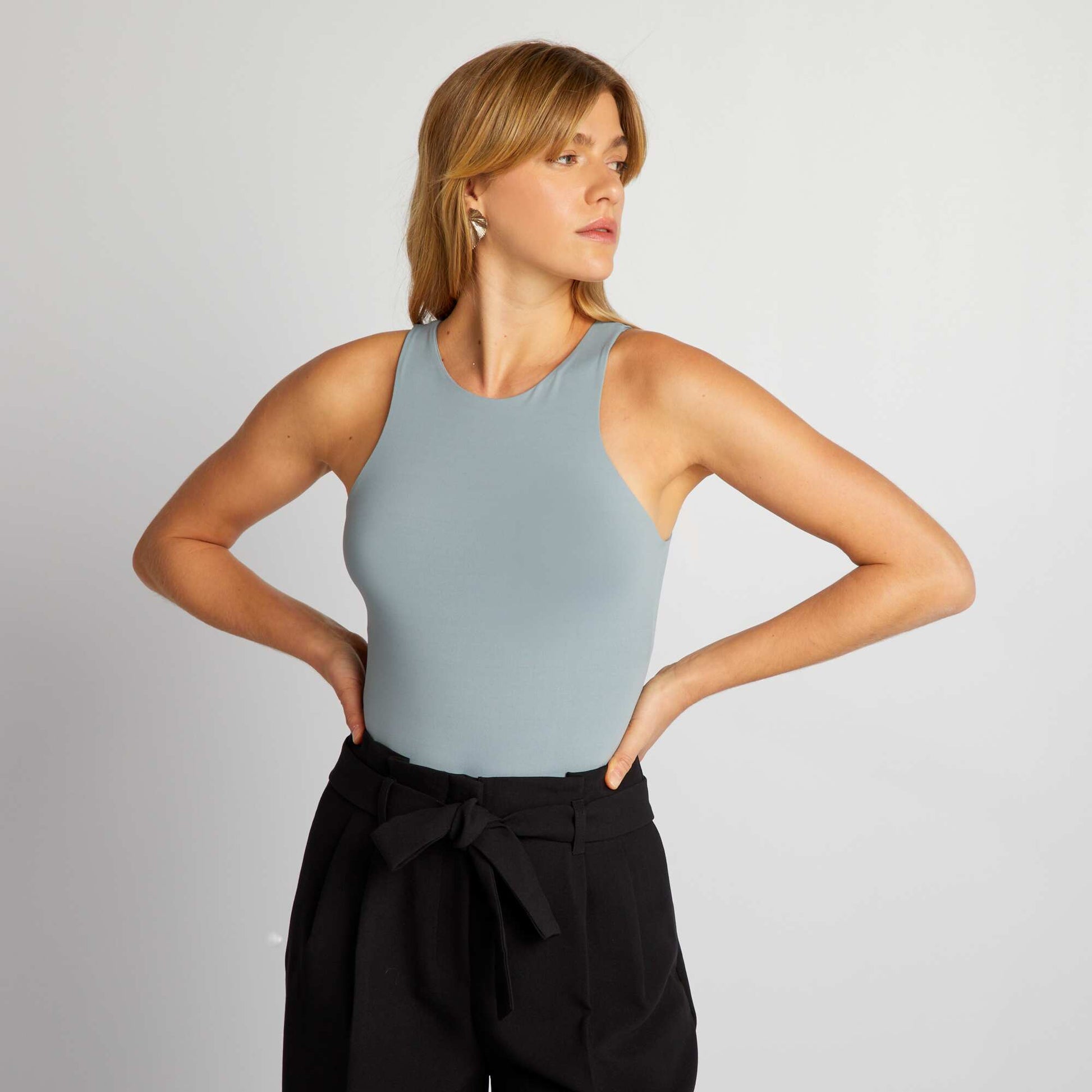Plain stretch round neck bodysuit BLUE