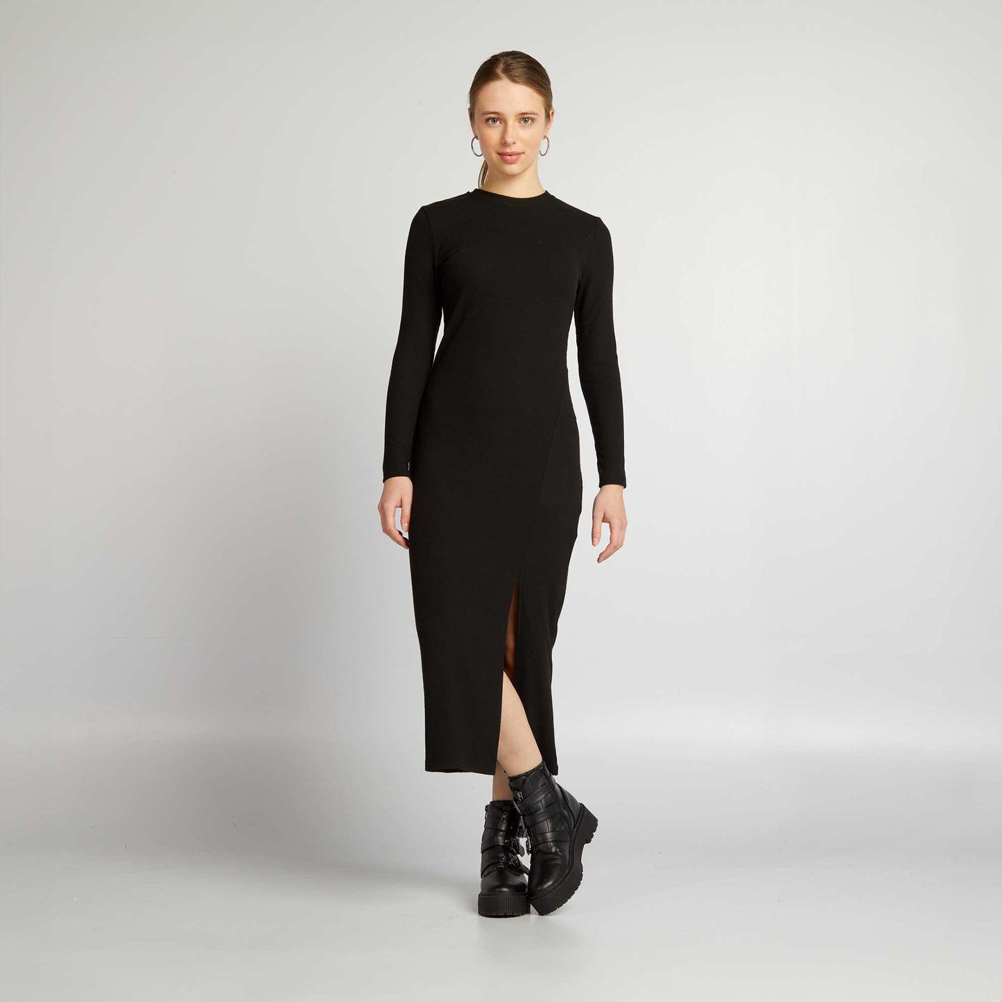 Ribbed knit long dress BLACK