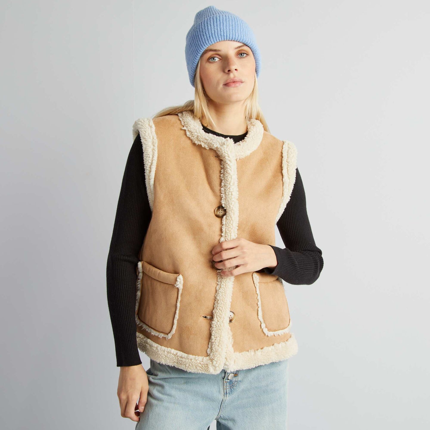 Suedette and sherpa waistcoat BEIGE