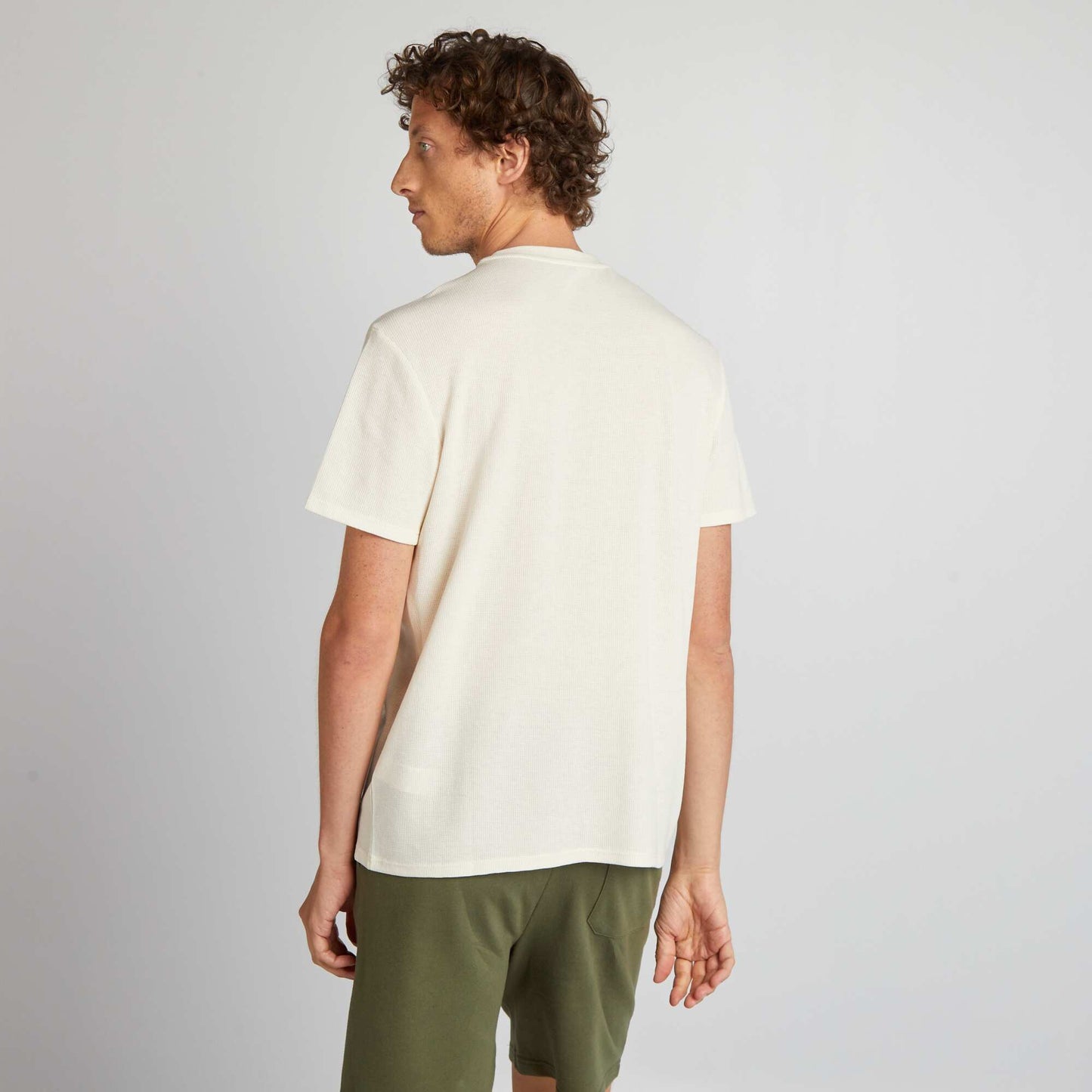 Plain honeycomb knit T-shirt with pocket WHITE