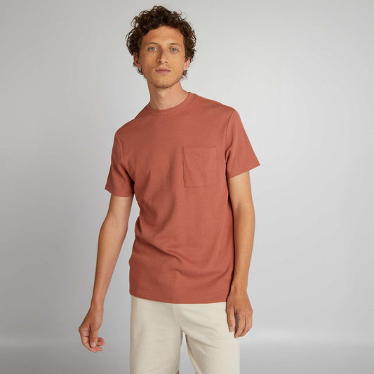 Plain honeycomb knit T-shirt with pocket PINK