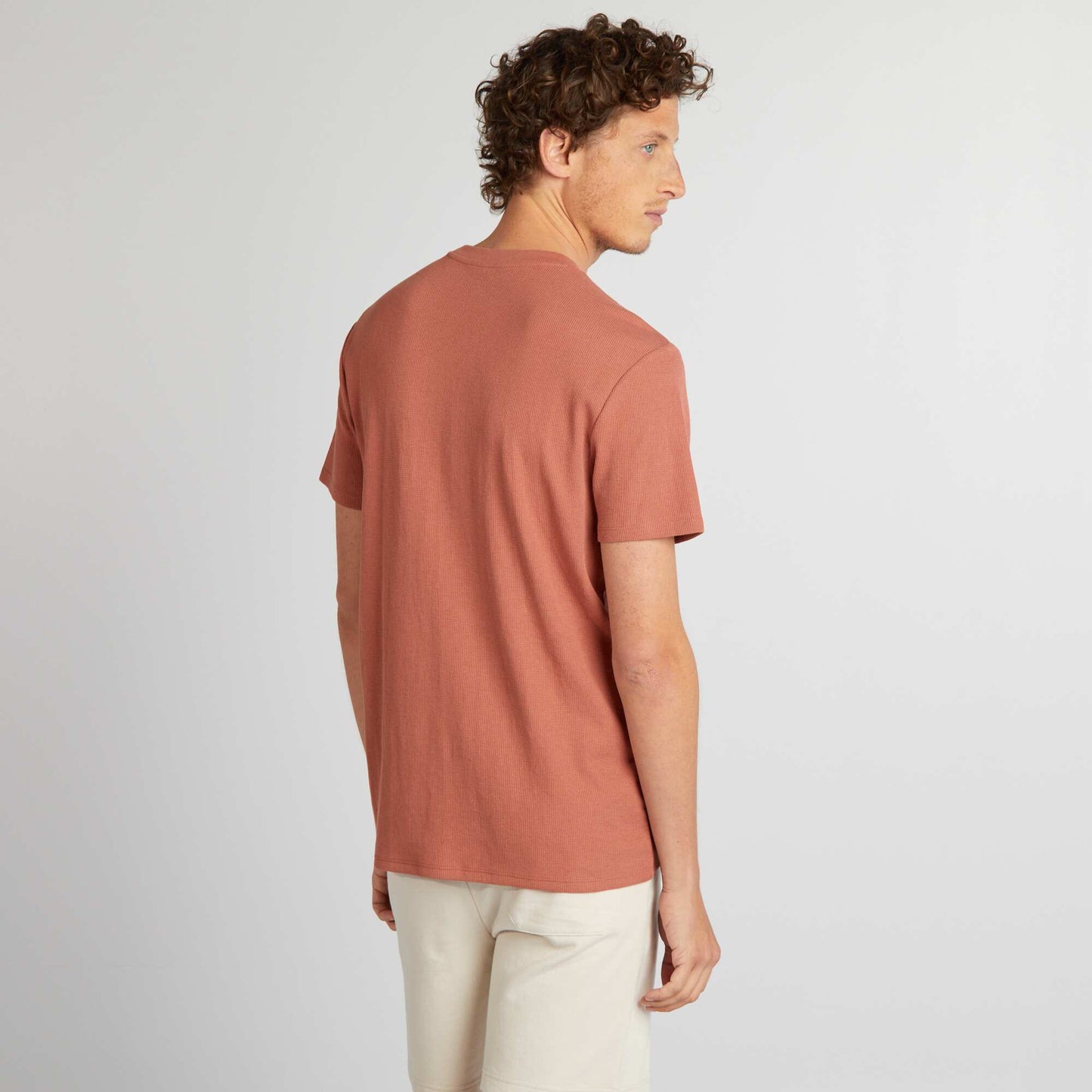 Plain honeycomb knit T-shirt with pocket PINK