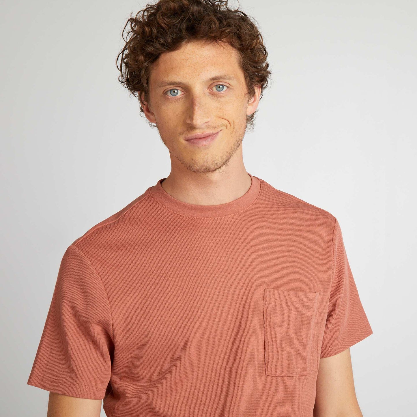 Plain honeycomb knit T-shirt with pocket PINK