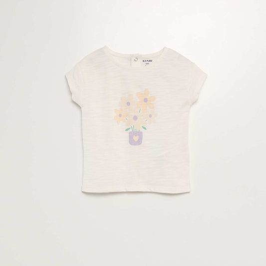 Floral stranded knit T-shirt WHITE