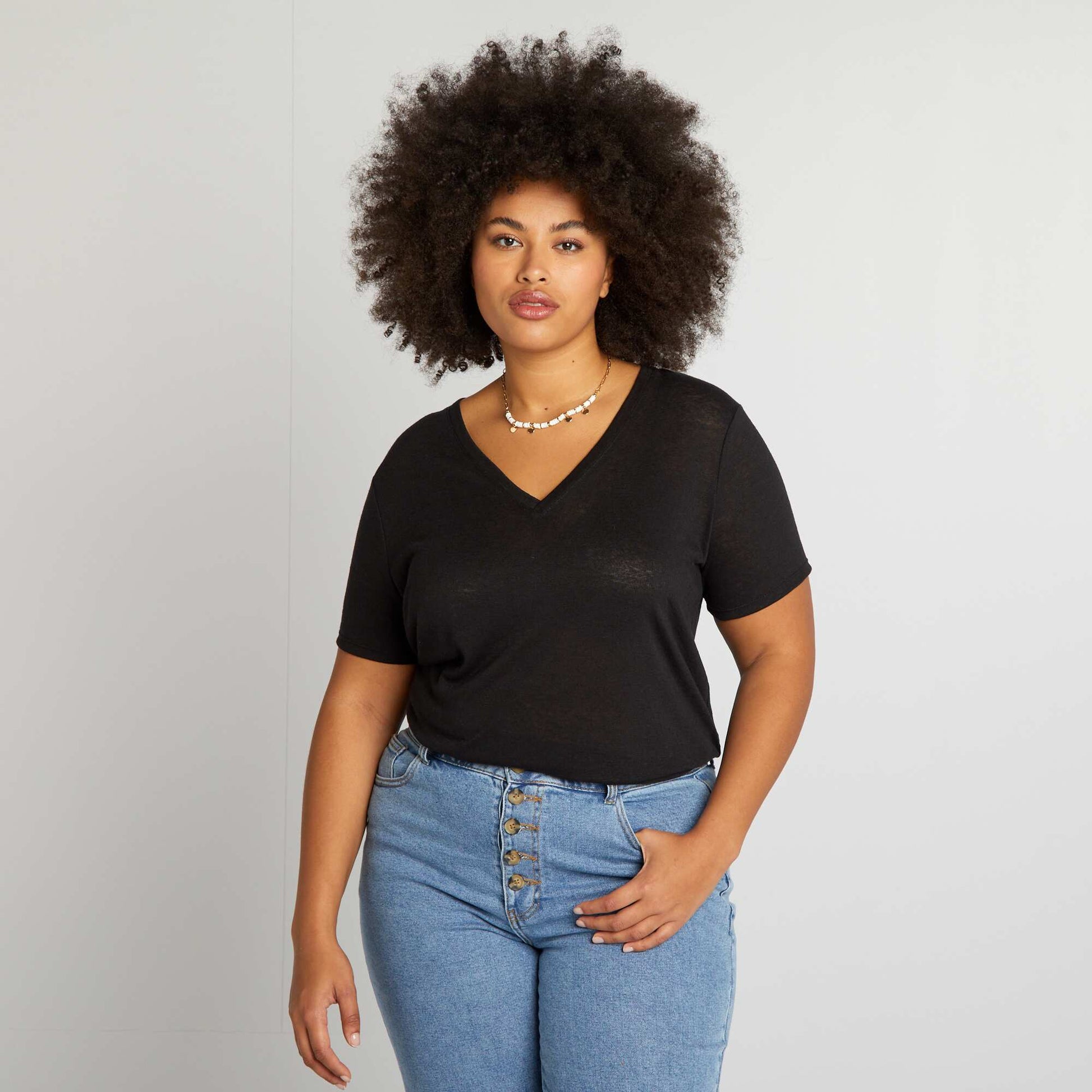 Plain linen-blend T-shirt BLACK