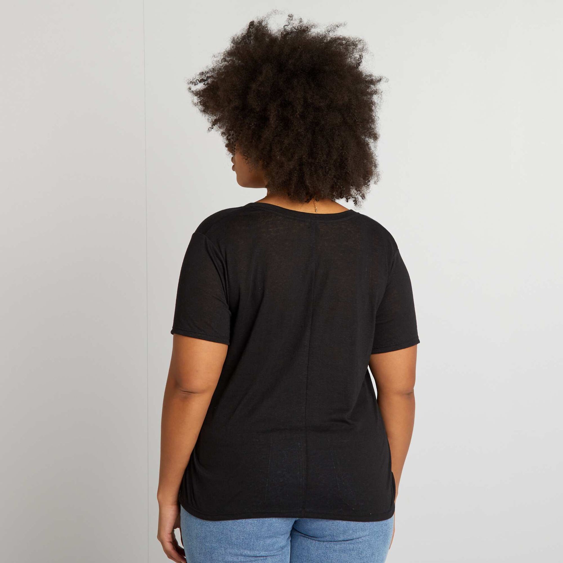 Plain linen-blend T-shirt BLACK