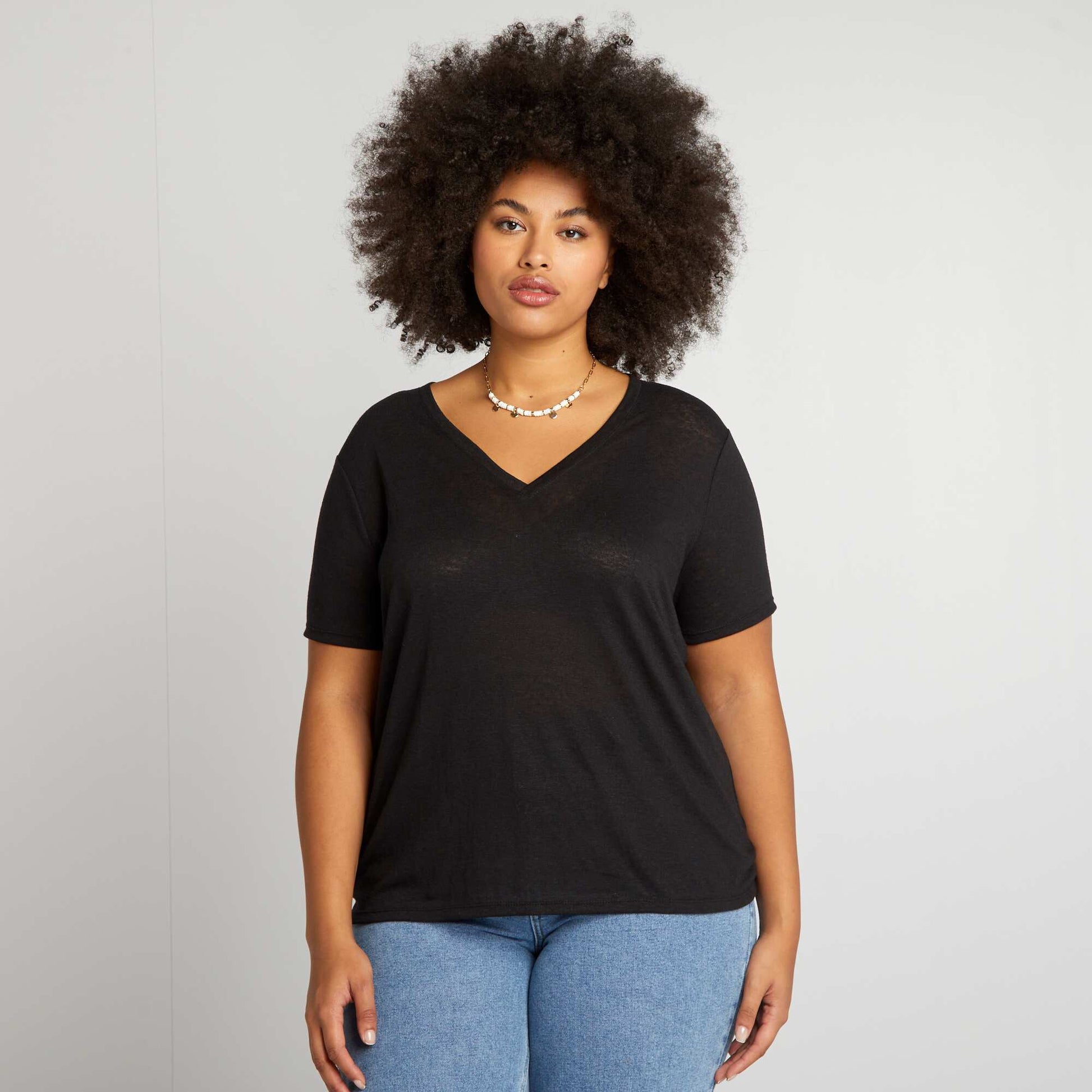 Plain linen-blend T-shirt BLACK