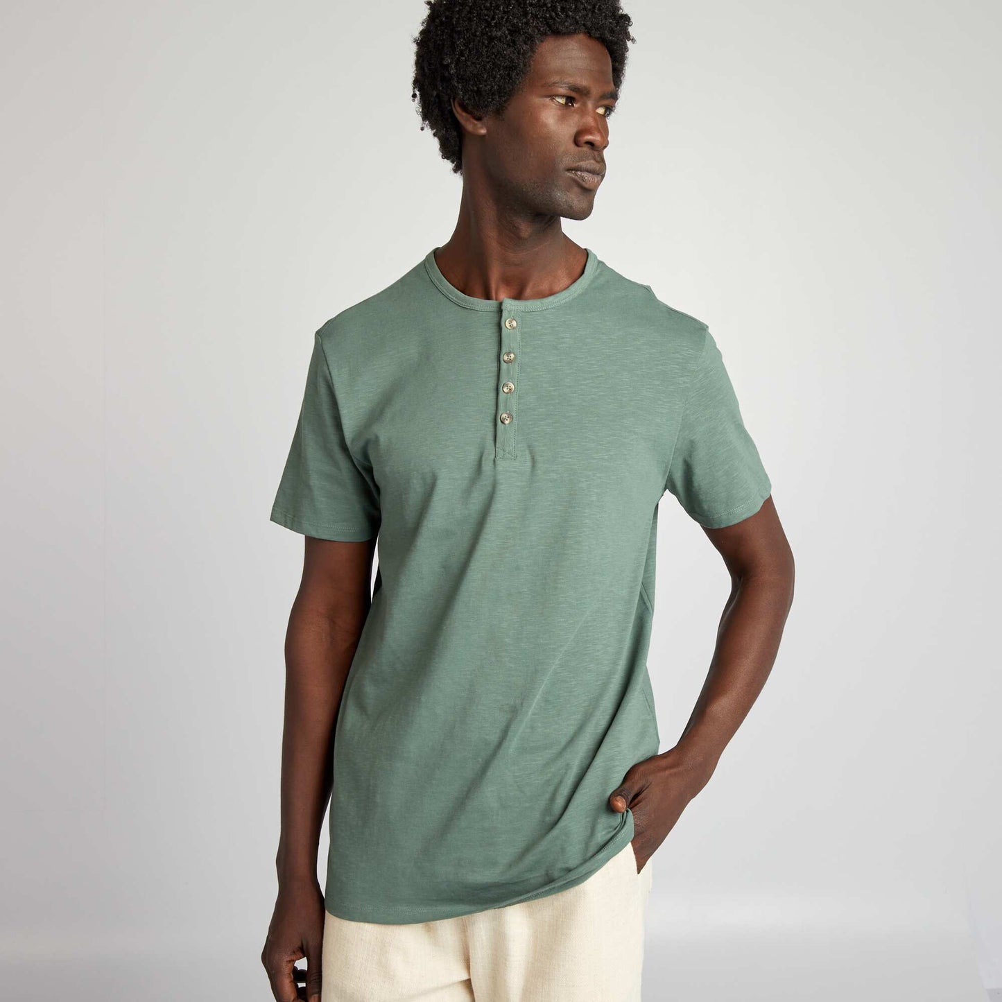 Henley collar jersey T-shirt GREEN