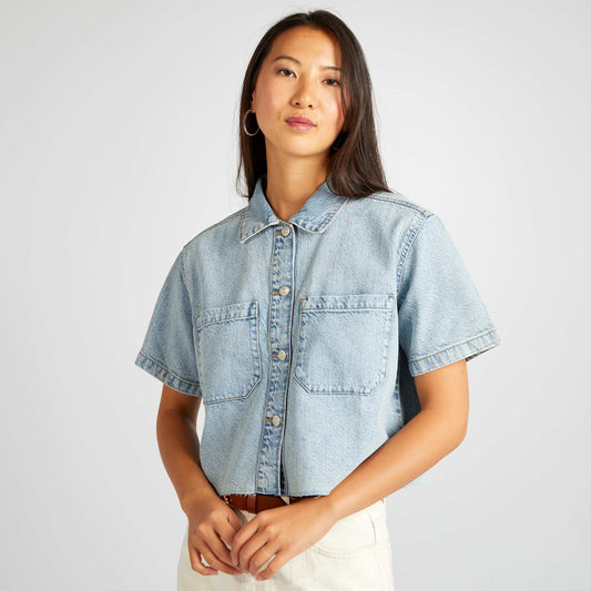 Cropped denim shirt BLUE