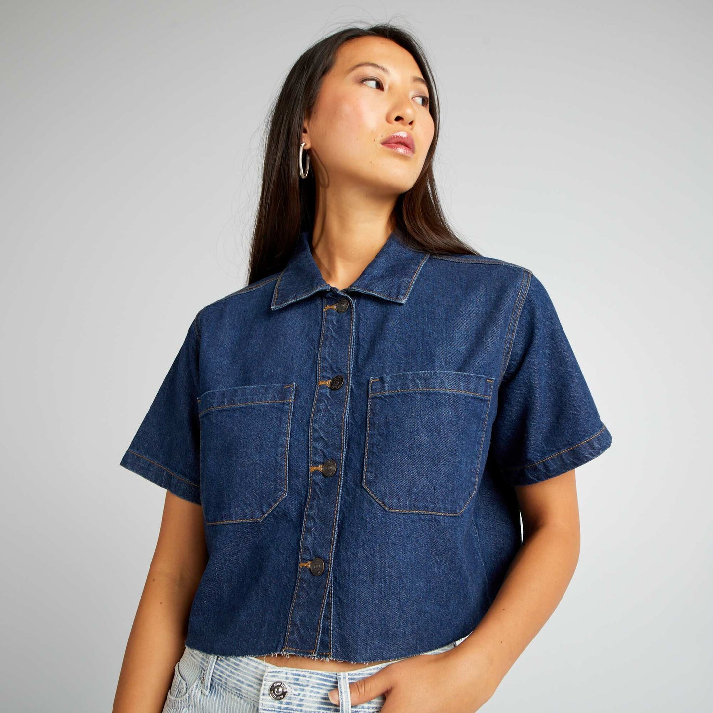 Cropped denim shirt BLUE