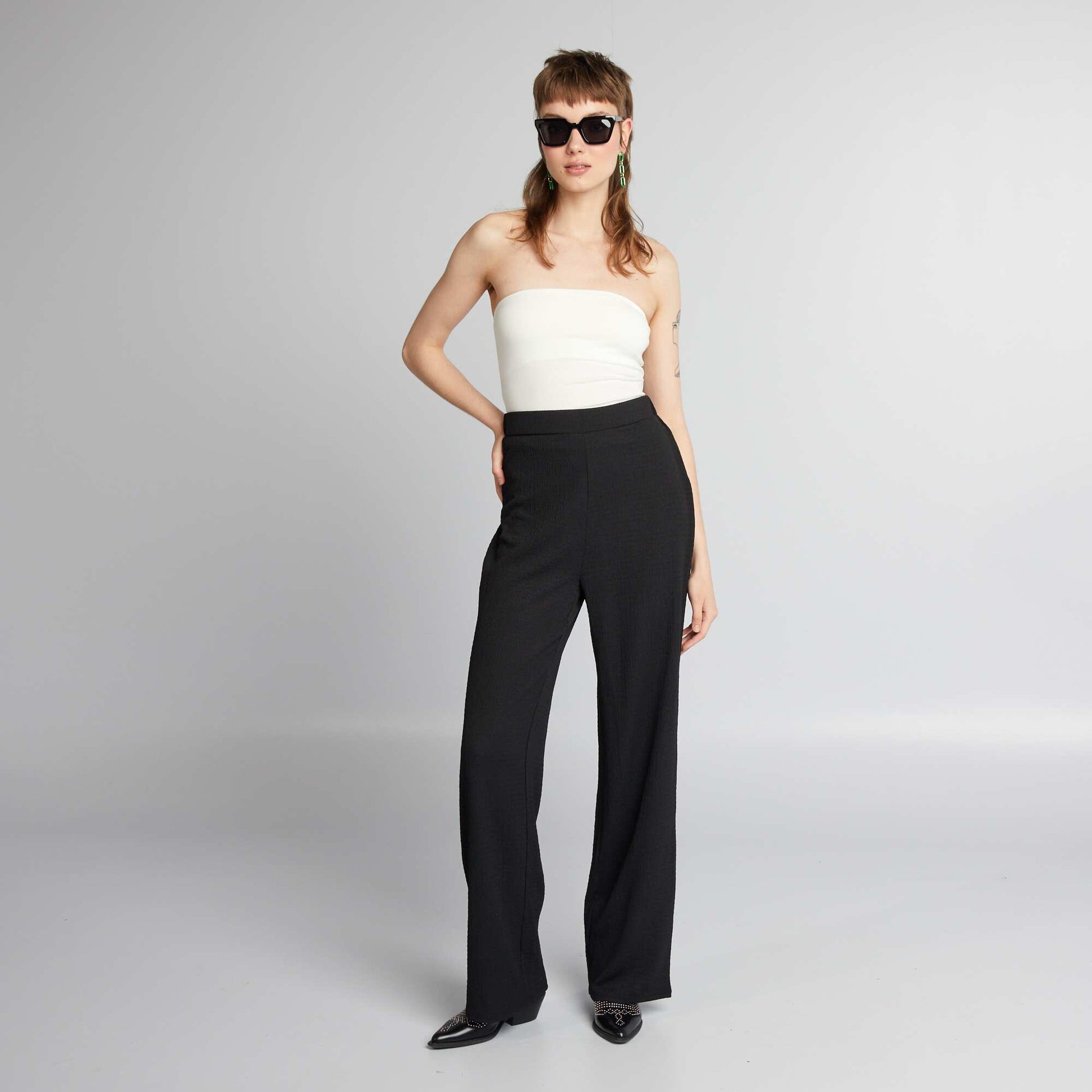 Wide-leg waffled trousers BLACK