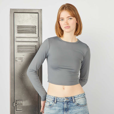 تي شيرت بأكمام طويلة مطاطية بأكمام طويلة رمادي