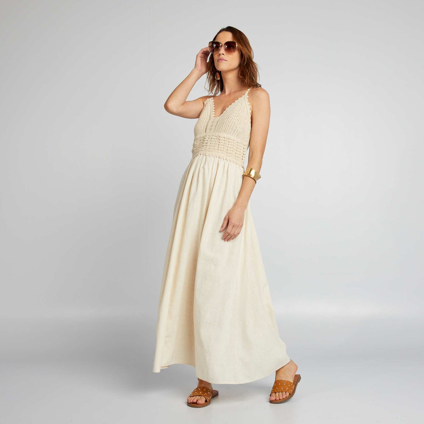 Long flared macramé dress WHITE