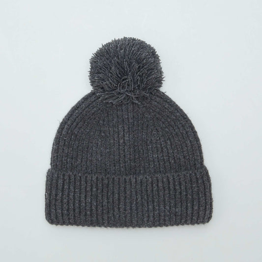 Ribbed beanie with pompom GREY