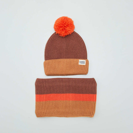 Three-tone hat and snood set BROWN