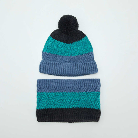 Bobble hat and lined snood set BLUE