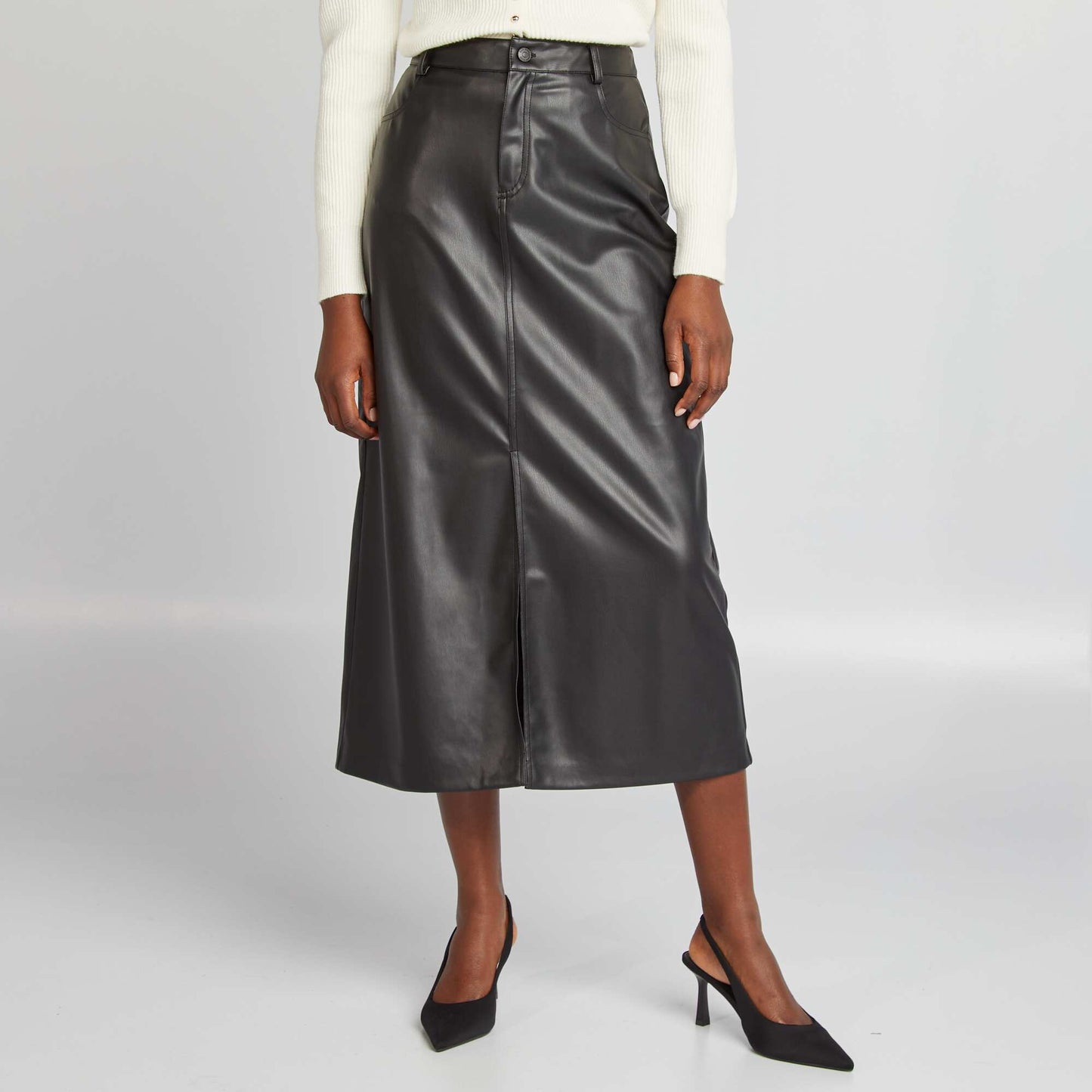 Synthetic slit midi skirt black