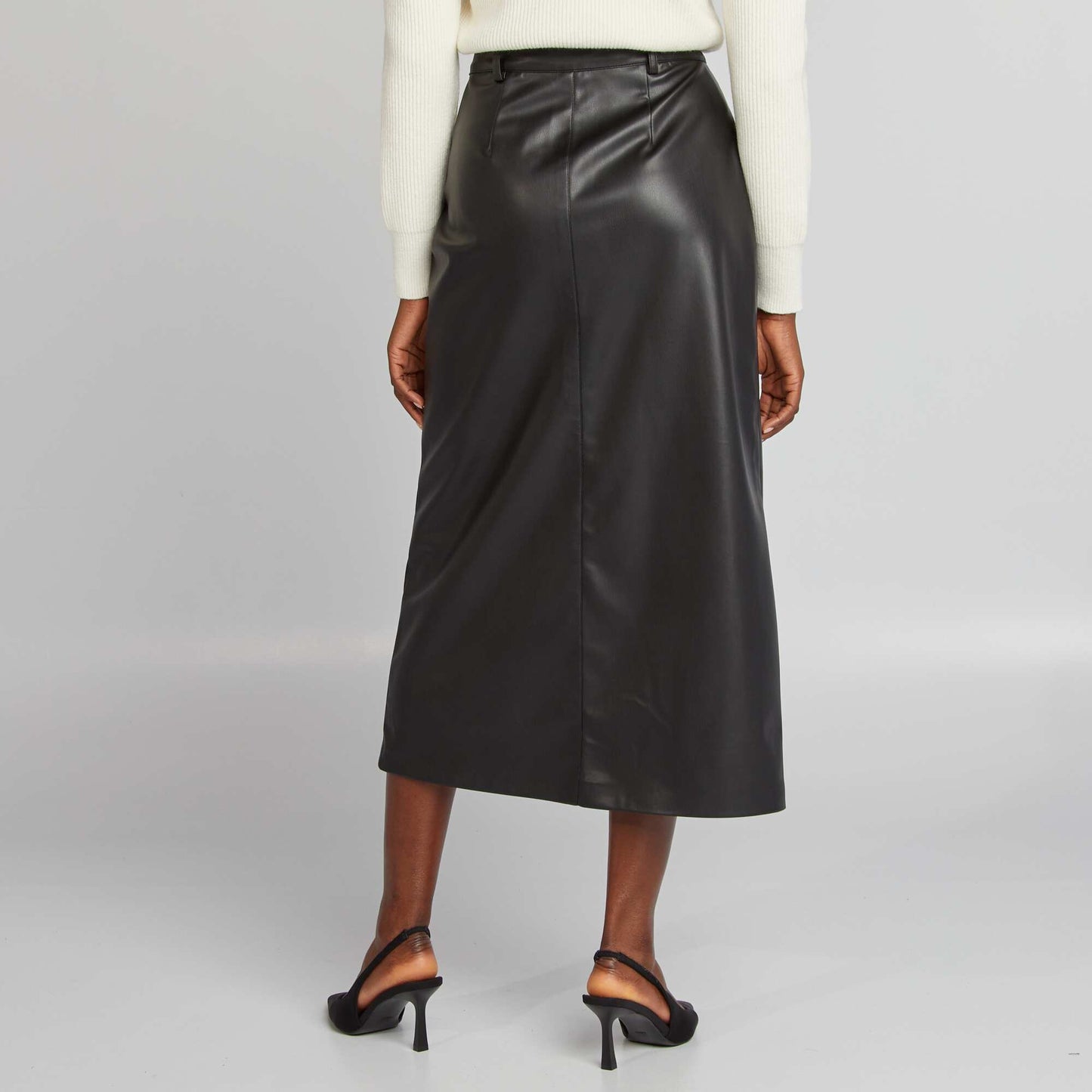 Synthetic slit midi skirt black