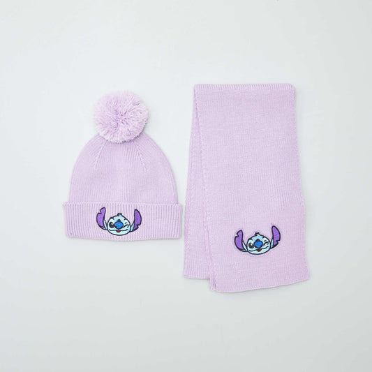 'Disney' 'Stitch' ribbed beanie + scarf set - 2-piece set PURPLE