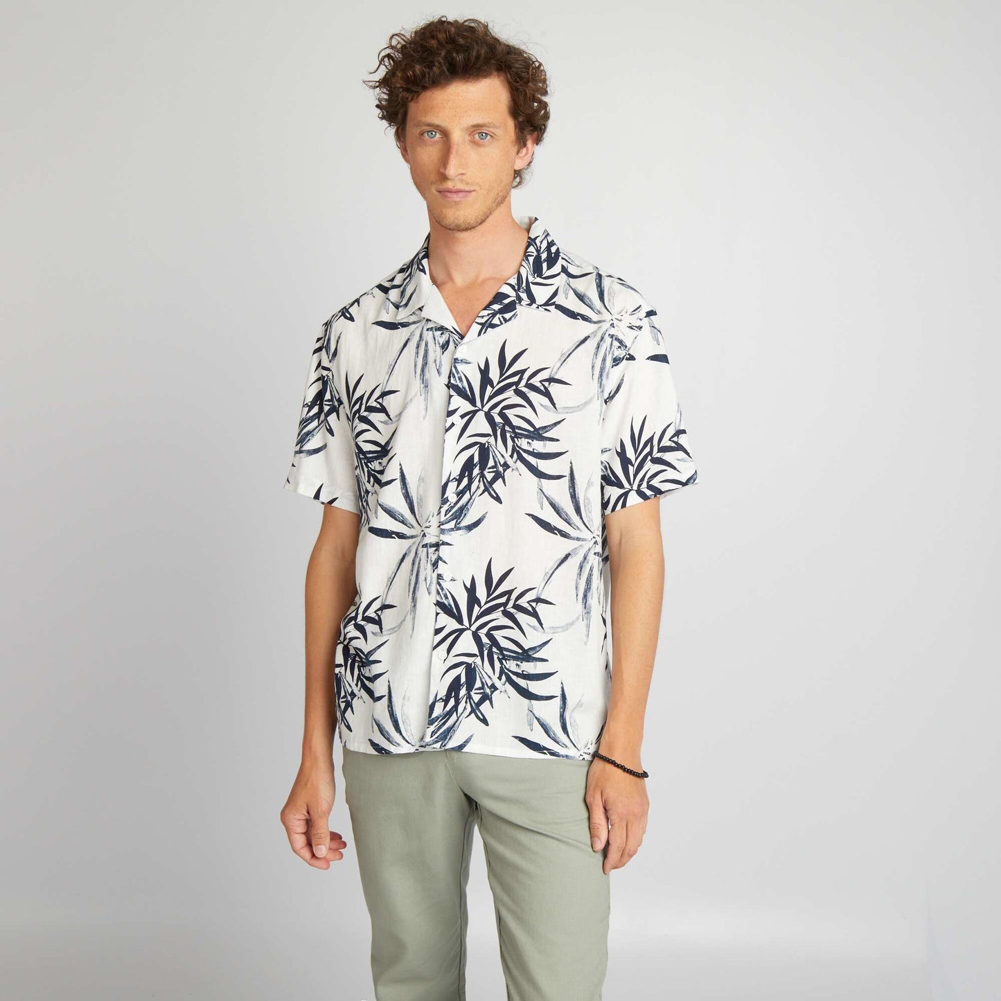 Floral print linen blend shirt BLUE