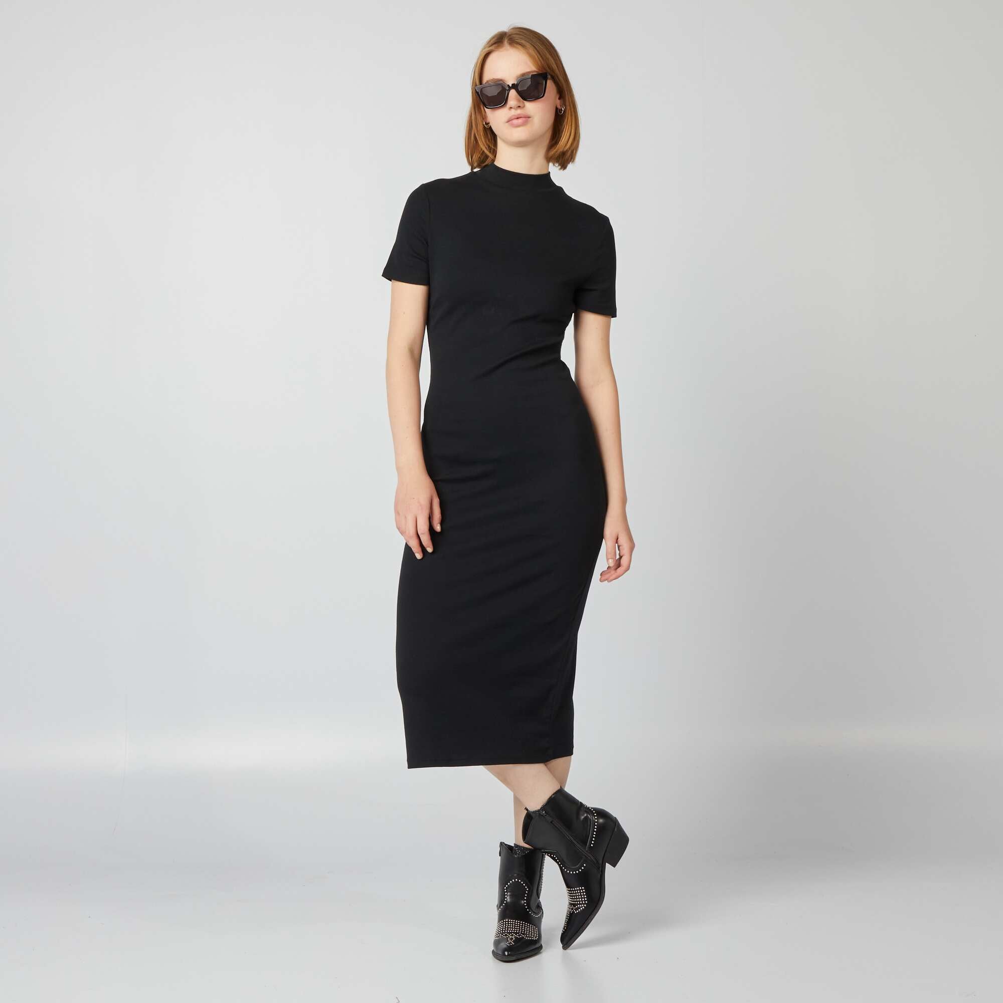 Long plain stretch cotton dress black – Kiabi KSA