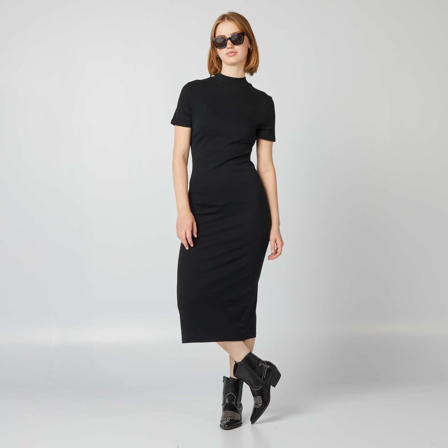 Long plain stretch cotton dress black