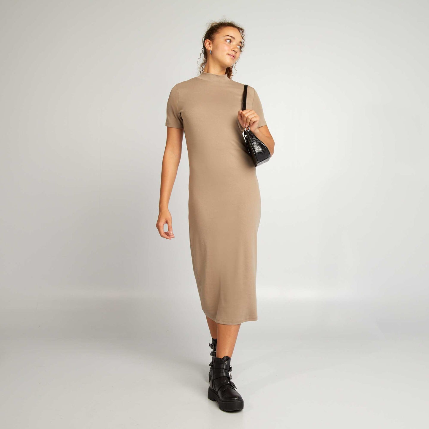 Long plain stretch cotton dress BEIGE