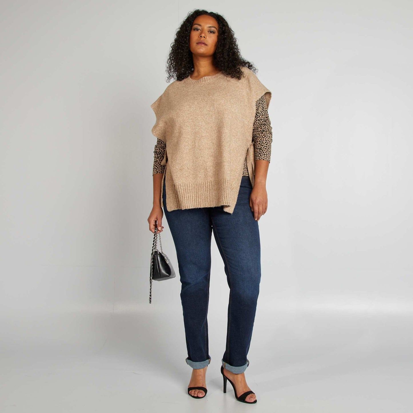 Plain ribbed knit T-shirt BEIGE