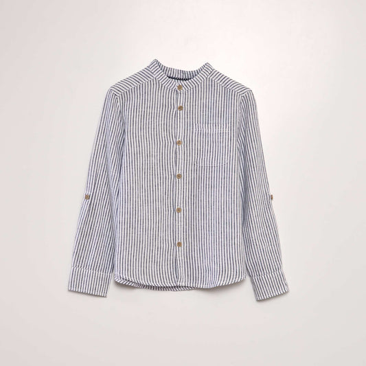 Linen-blend shirt with mandarin collar BLUE