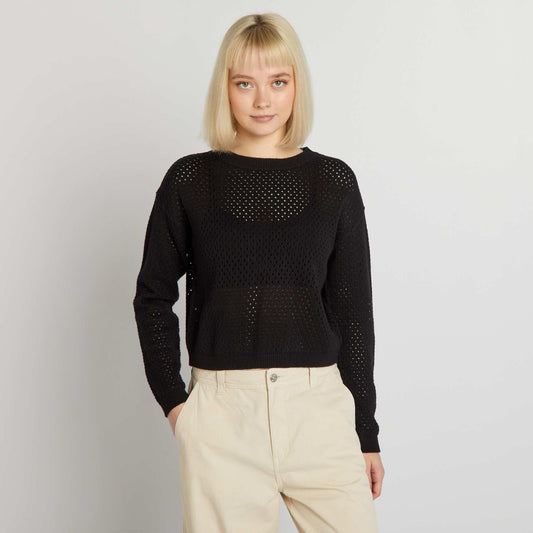 Openwork knit sweater with round neck black