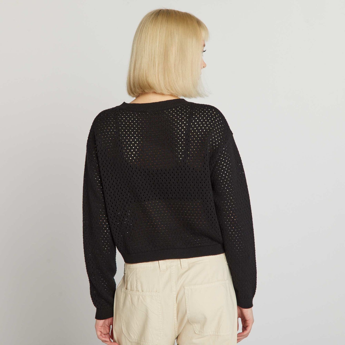 Openwork knit sweater with round neck black