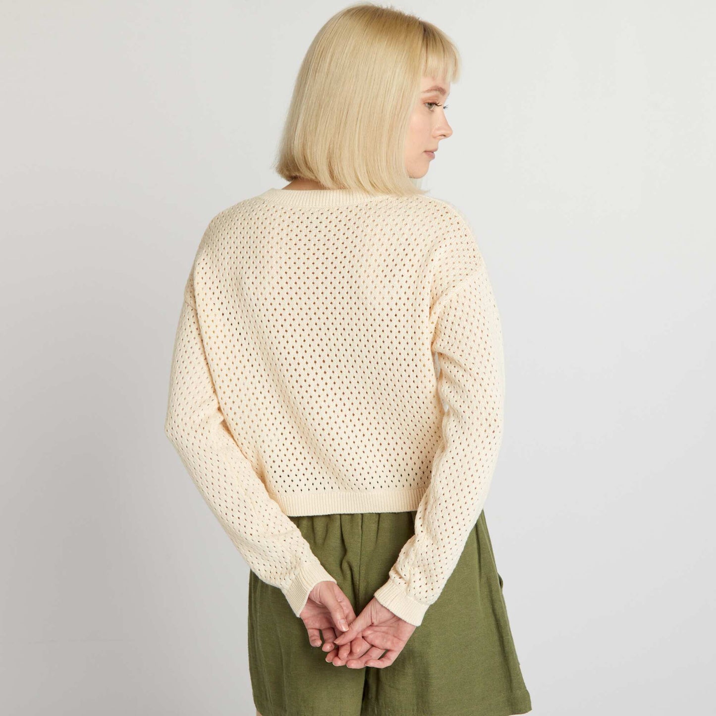 Openwork knit sweater with round neck BEIGE