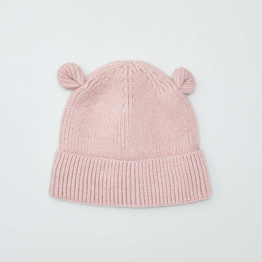 Ribbed beanie with ears PINK