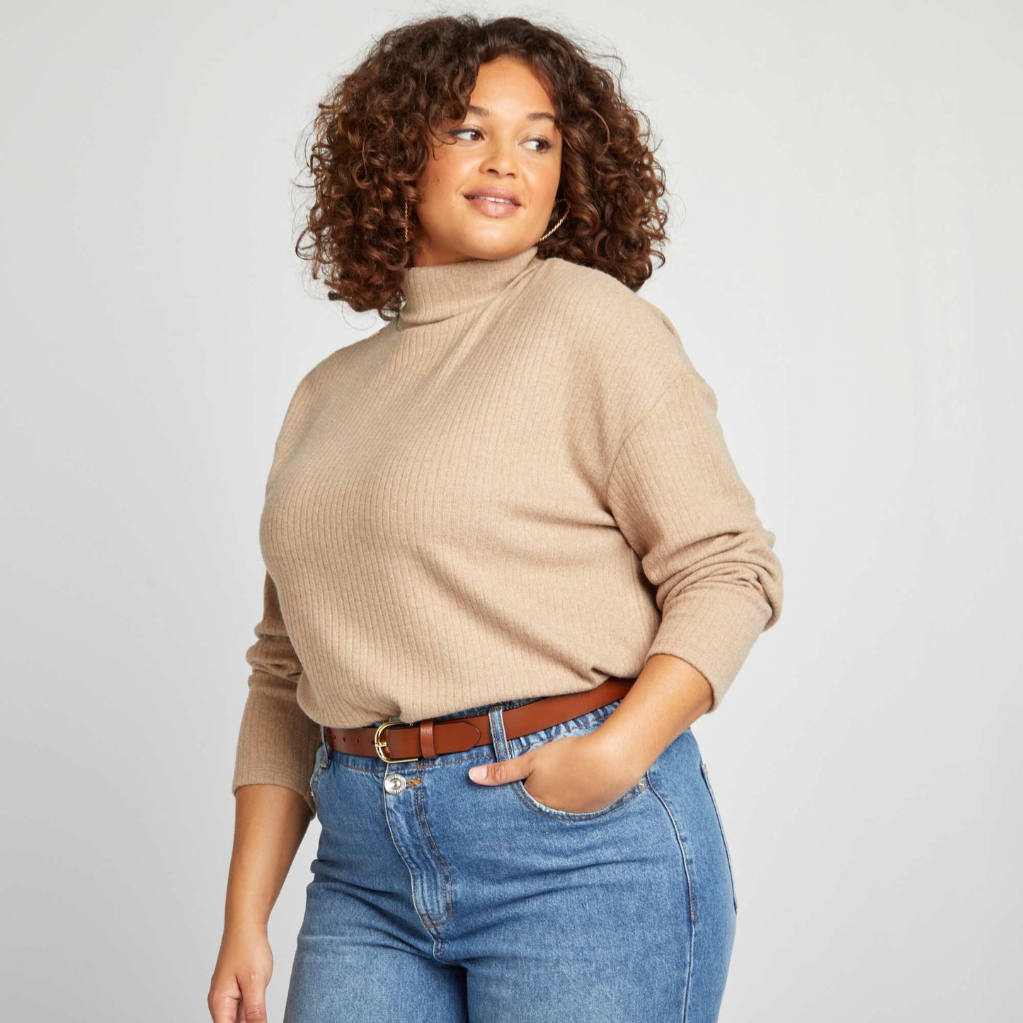 Ribbed polo neck undersweater BEIGE