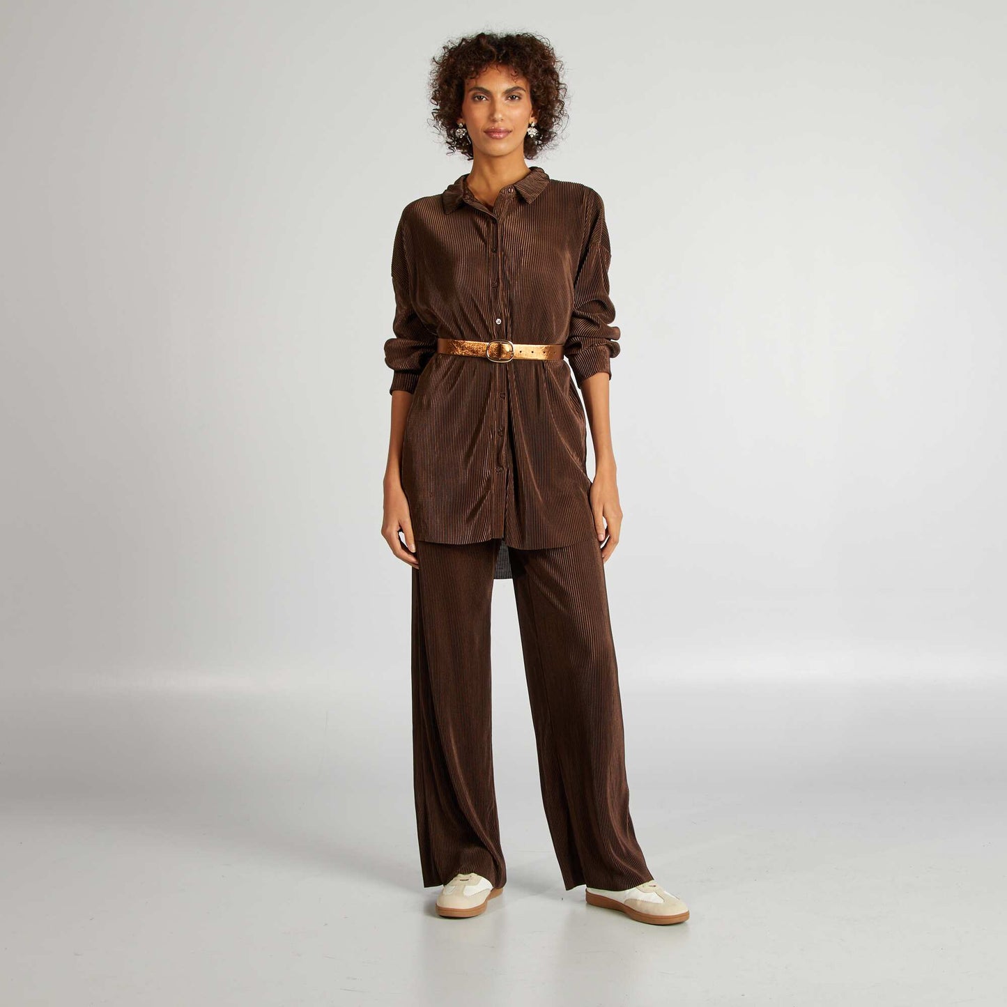 Long pleated knit shirt BROWN