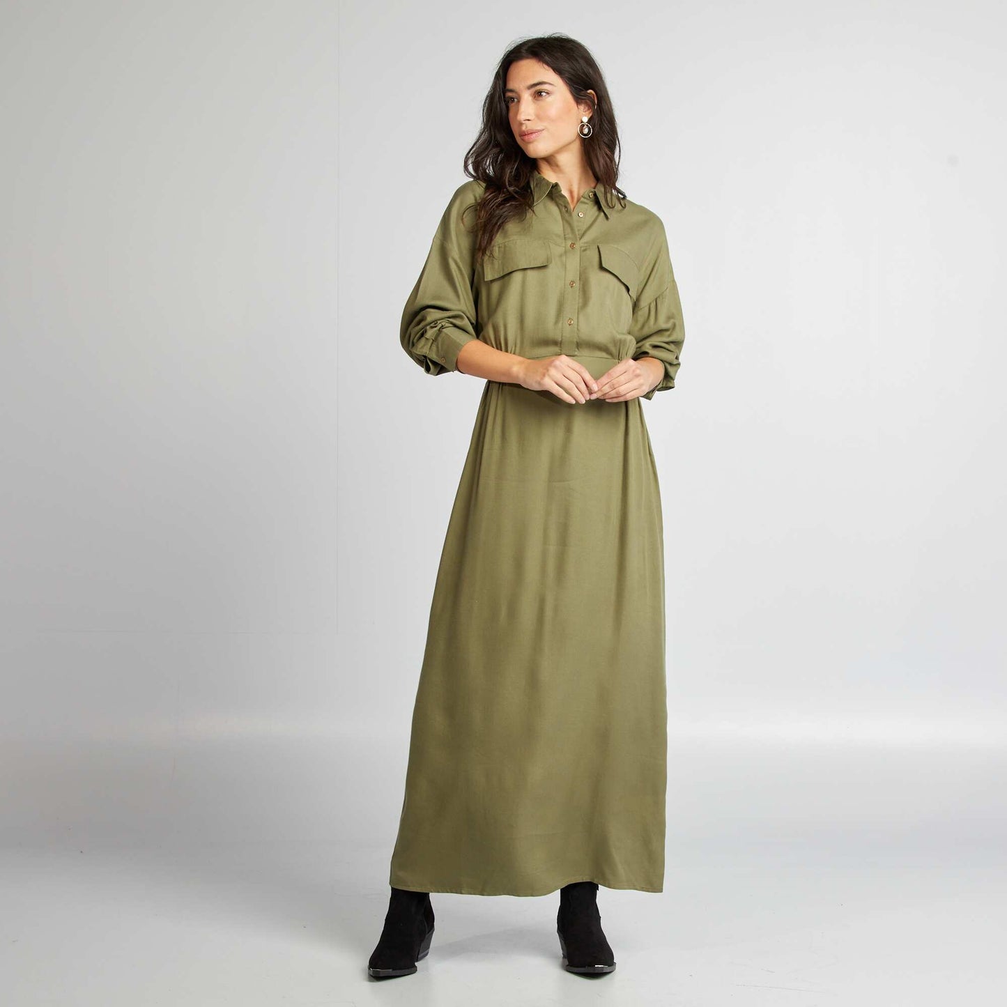 Long patterned dress with shirt collar KHAKI