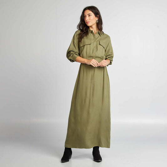 Long patterned dress with shirt collar KHAKI