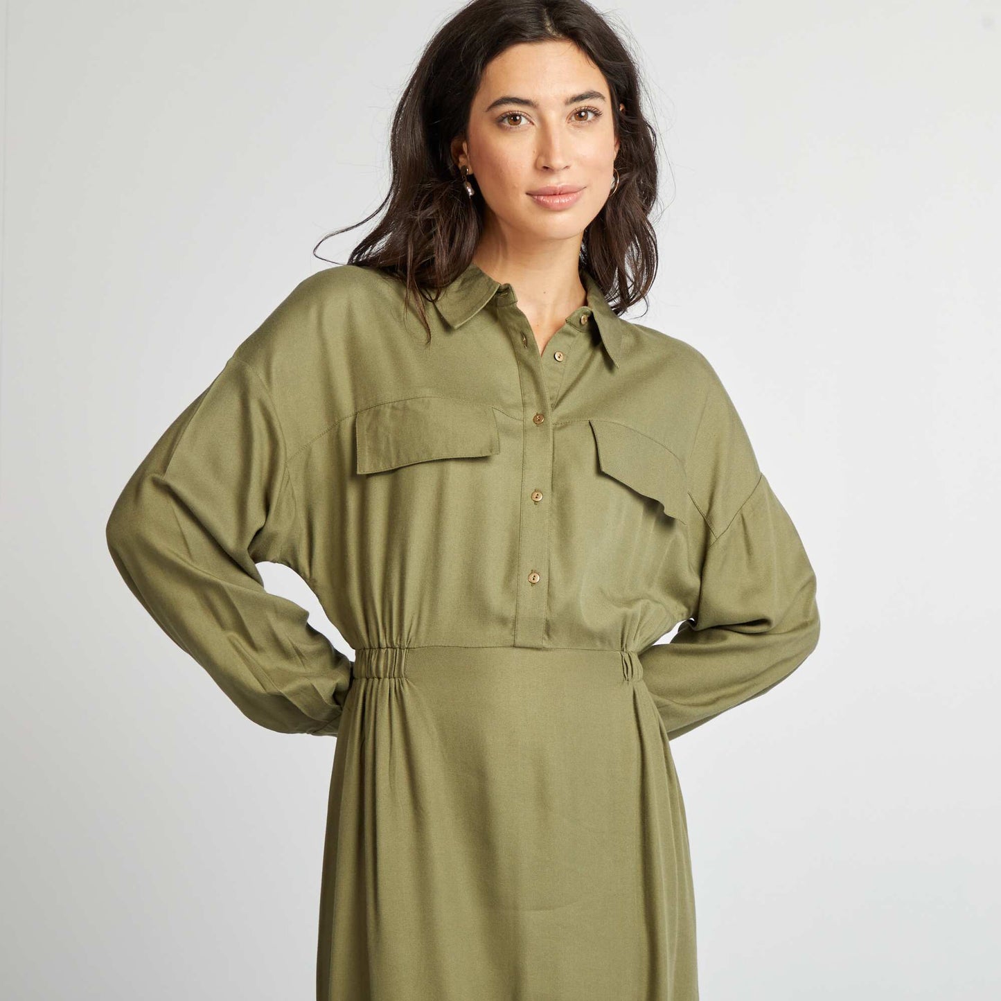 Long patterned dress with shirt collar KHAKI