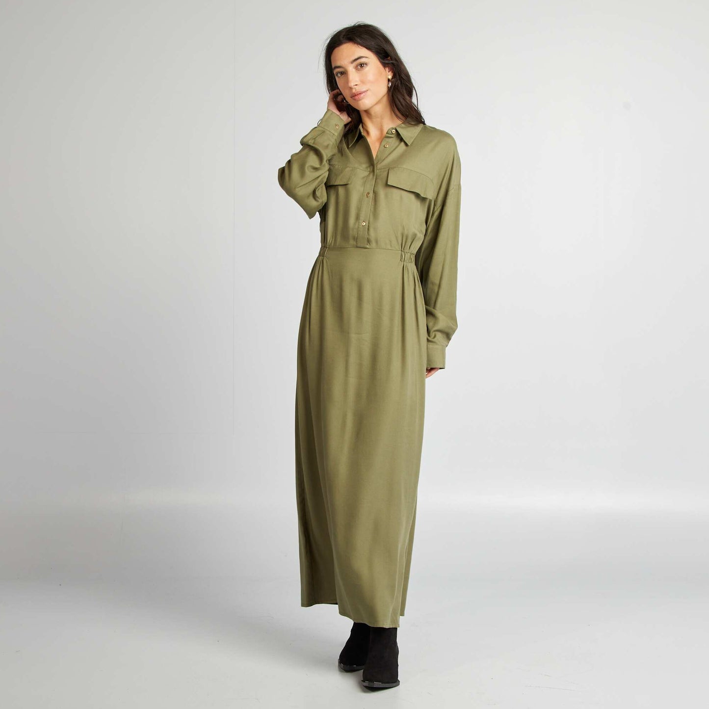 Long patterned dress with shirt collar KHAKI